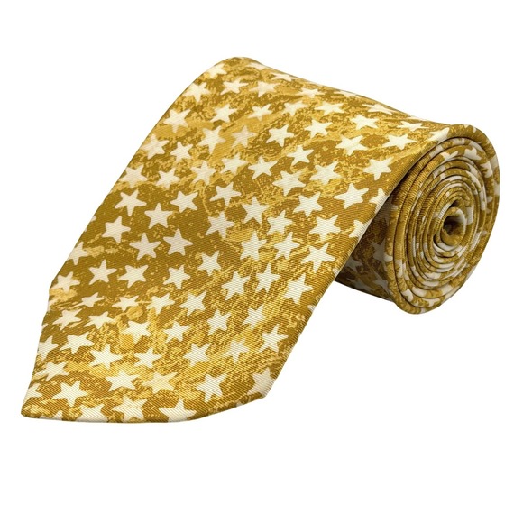 Henry Grethel Other - Henry Grethel Star Pattern 100% Italian Silk Mens Tie Gold White 57"L